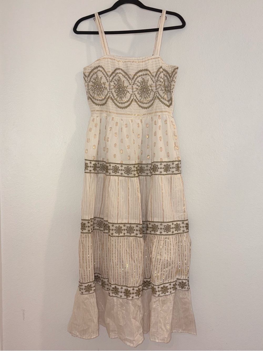 Nation AK Outfits Vintage Cream Maxi Dress Gold Embroidery 100% Cotton India